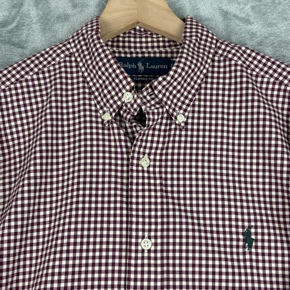 Ralph‎ Lauren Shirt Mens Large Classic Fit Burgundy Gingham Button Down - Picture 7 of 12